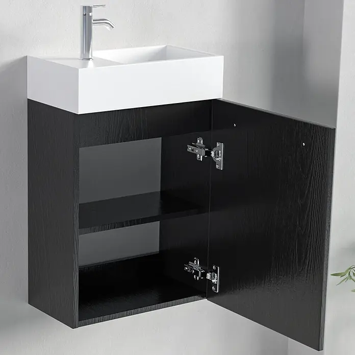 LOMAZOO Badmöbel-Set F03-ZW-W - Gesamtbreite Badmöbel: 40 cm, Mattschwarz - Wandmontierter schwarzer Waschtischunterschrank mit weißem Waschbecken und silbernem Wasserhahn, Tür offen mit zwei Regalböden.