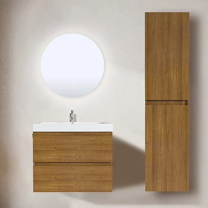 LOMAZOO Badmöbel-Set MON-WE-WW-60 - Gesamtbreite Badmöbel: 60 cm, Warme Eiche - Moderne schwimmende Badmöbel aus Holz mit weißem Waschbecken, rundem beleuchteten Spiegel und passendem Hochschrank.