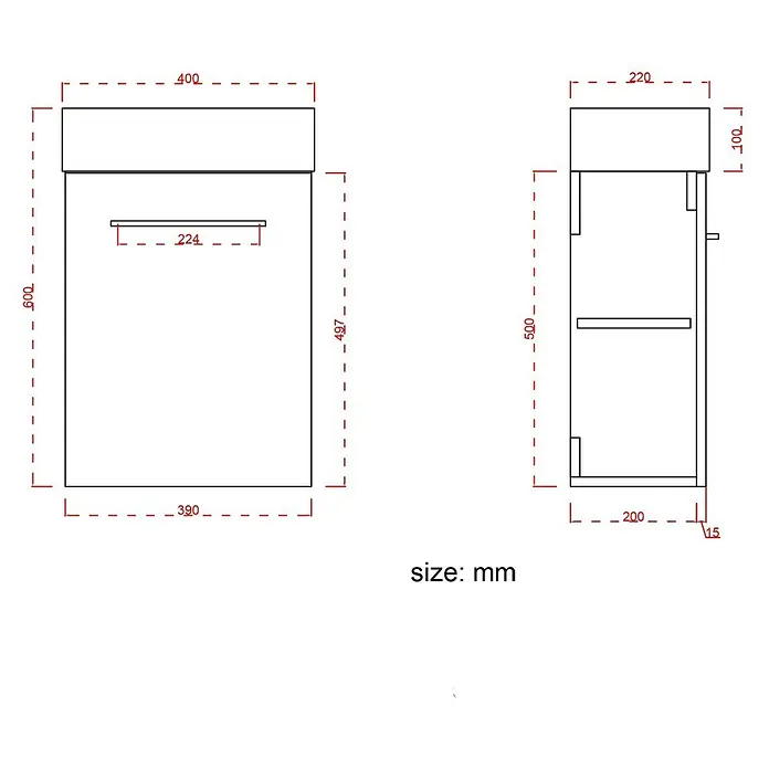 LOMAZOO Badmöbel-Set F03-ZW-W - Gesamtbreite Badmöbel: 40 cm, Mattschwarz - Technische Zeichnung eines rechteckigen Briefkastens mit Vorder- und Seitenansicht und Maßen in Millimetern.