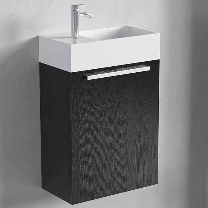 LOMAZOO Badmöbel-Set F03-ZW-W - Gesamtbreite Badmöbel: 40 cm, Mattschwarz - Wandhängender Waschtischunterschrank mit weißem Keramikbecken, silbernem Wasserhahn und dunklem Holzschrank mit Griff.