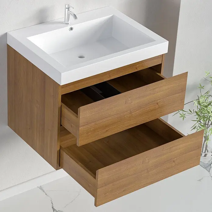 LOMAZOO Badmöbel-Set MON-WE-WW-60 - Gesamtbreite Badmöbel: 60 cm, Warme Eiche - Schwebender Badezimmerschrank aus Holz mit weißem Einbaubecken und zwei offenen Schubladen.