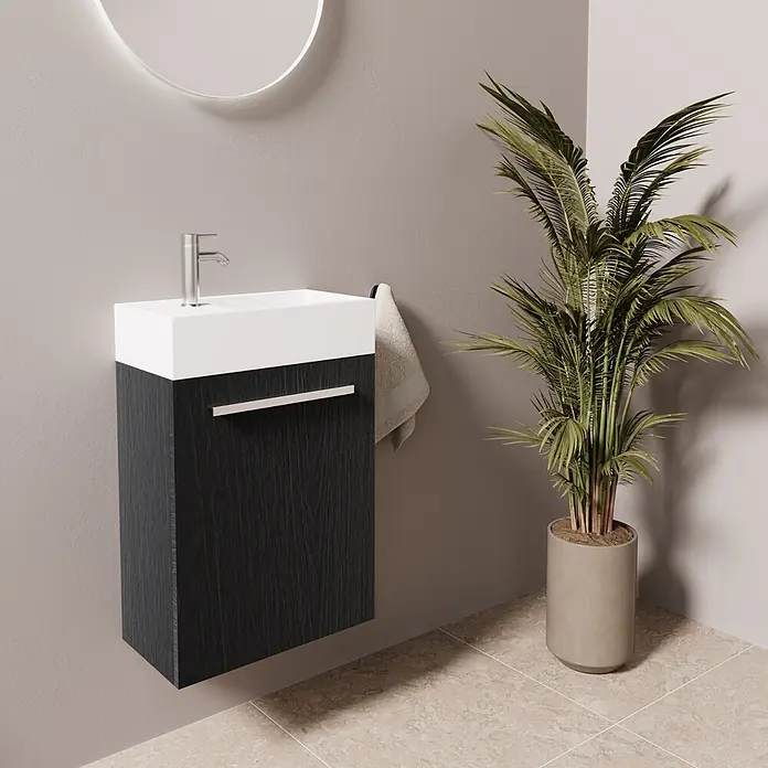 LOMAZOO Badmöbel-Set F03-ZW-W - Gesamtbreite Badmöbel: 40 cm, Mattschwarz - Wandhängender Waschtisch mit weißem Becken und dunklem Holzunterschrank in modernem Badambiente.