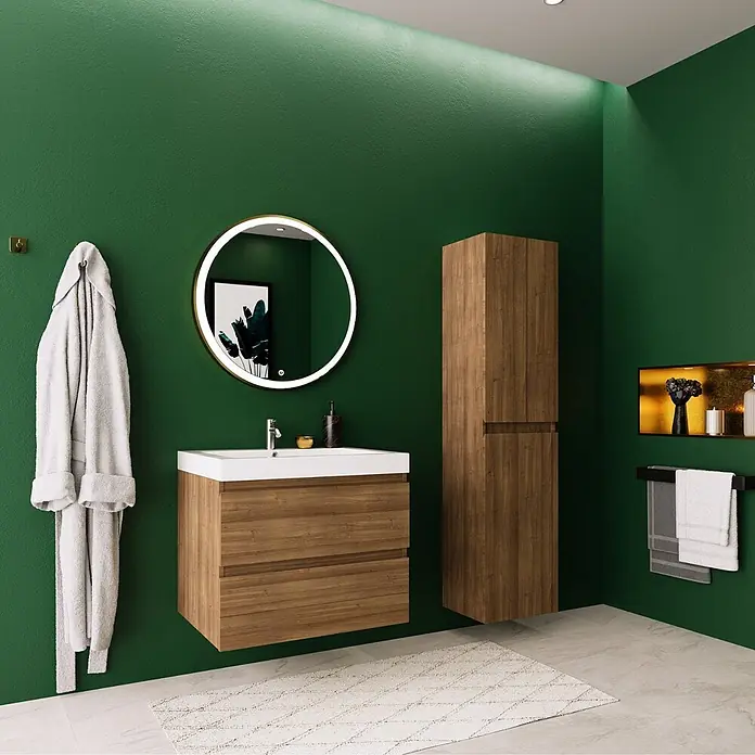 LOMAZOO Badmöbel-Set MON-WE-WW-60 - Gesamtbreite Badmöbel: 60 cm, Warme Eiche - Wandmontierter Waschtischunterschrank aus Holz mit weißem Waschbecken und passendem Hochschrank.