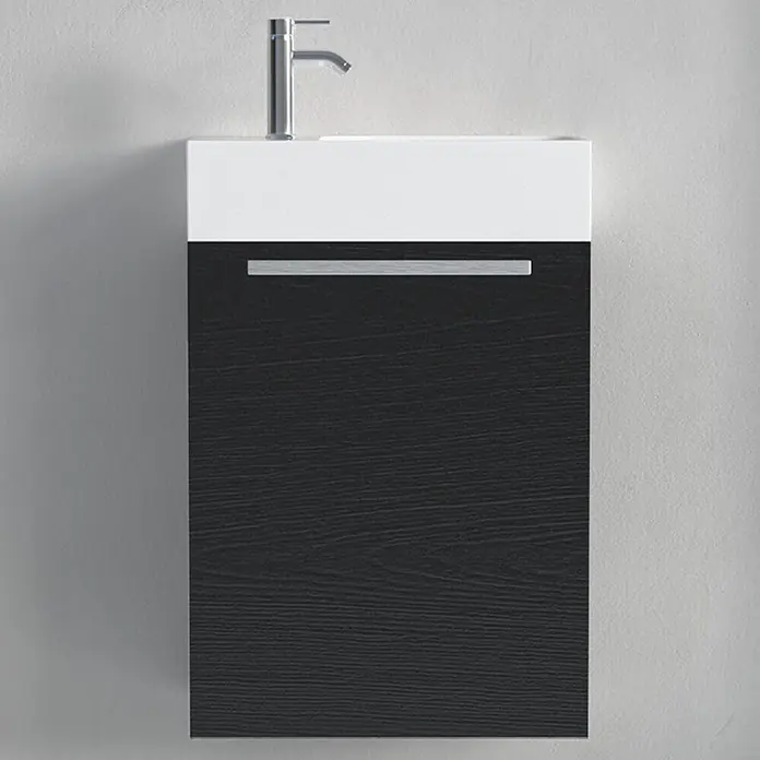 LOMAZOO Badmöbel-Set F03-ZW-W - Gesamtbreite Badmöbel: 40 cm, Mattschwarz - Wandmontierter Waschtisch mit weißem Becken, schwarzem Holzschrank und Chromarmatur.