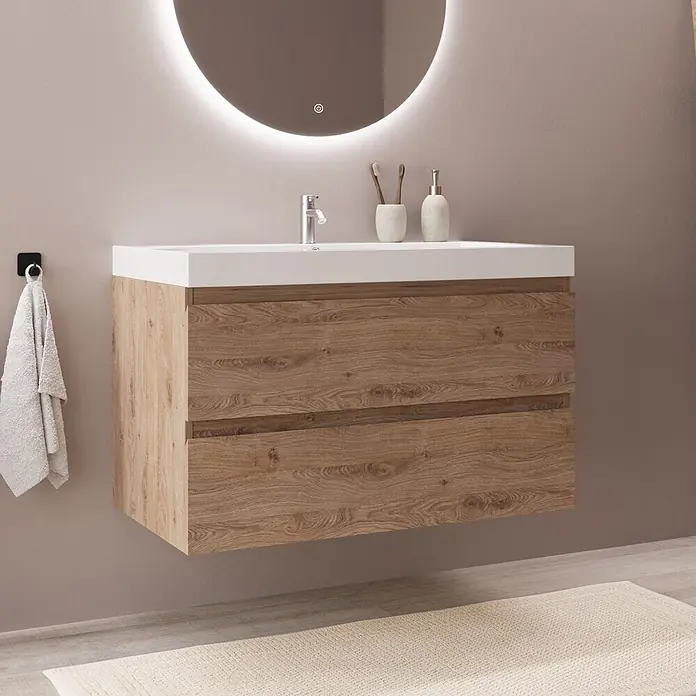 LOMAZOO Badmöbel-Set MON-LE-WW-80 - Gesamtbreite Badmöbel: 80 cm, Helles Eichenholz - Wandhängender Badunterschrank mit weißem Waschbecken und hellem Holzschrank, unter einem beleuchteten Rundspiegel.