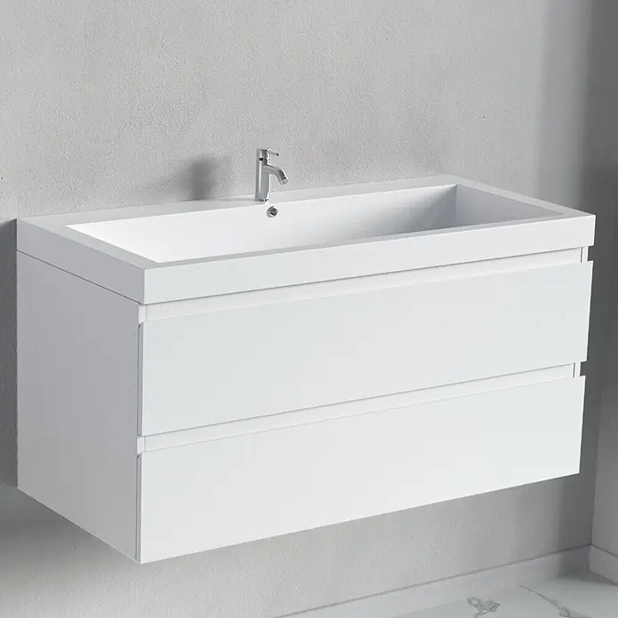 LOMAZOO Badmöbel-Set BMSET-100-GW-WW - Gesamtbreite Badmöbel: 100 cm, Glänzend weiß - Weißer wandhängender Waschtisch mit integriertem Waschbecken und Chromarmatur, mit zwei geräumigen Schubladen.
