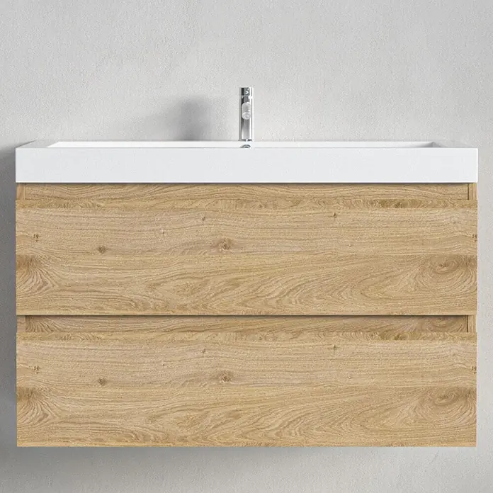 LOMAZOO Badmöbel-Set MON-LE-WW-80 - Gesamtbreite Badmöbel: 80 cm, Helles Eichenholz - Wandhängender Badunterschrank mit weißem Waschbecken und zwei hellen Holzschubladen.