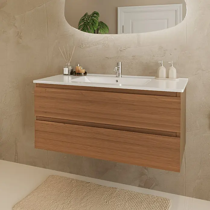 LOMAZOO Badmöbel-Set LM-MAR-WE-WW-100 - Gesamtbreite Badmöbel: 100 cm, Warme Eiche - Wandhängender Holzbadschrank mit integriertem weißen Waschbecken.