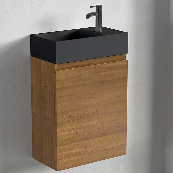 LOMAZOO Badmöbel-Set F01-30052-Z - Gesamtbreite Badmöbel: 40 cm, Warme Eiche - Wandhängender Waschtischunterschrank mit schwarzem Becken, silbernem Wasserhahn und braunem Holzschrank.