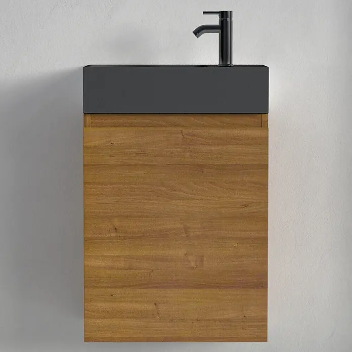 LOMAZOO Badmöbel-Set F01-30052-Z - Gesamtbreite Badmöbel: 40 cm, Warme Eiche - Wandmontierter Waschtisch mit dunkelgrauer Platte, schwarzem Wasserhahn und Holzunterschrank.