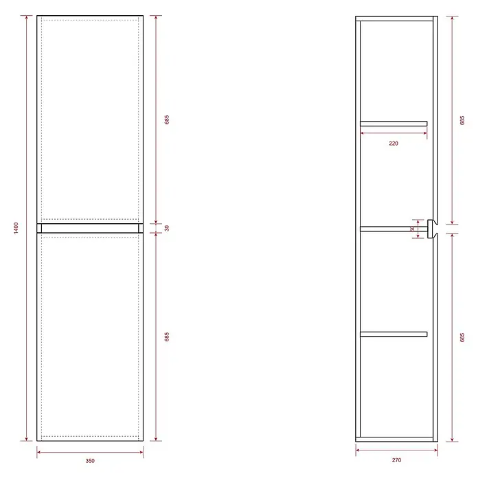 LOMAZOO Badmöbel-Set KOL01-RIB - Gesamtbreite Badmöbel: 35 cm, Glänzend weiß - Technische Zeichnung eines hohen, schmalen modularen Schranks mit zwei Abschnitten, Innenböden und Maßen.