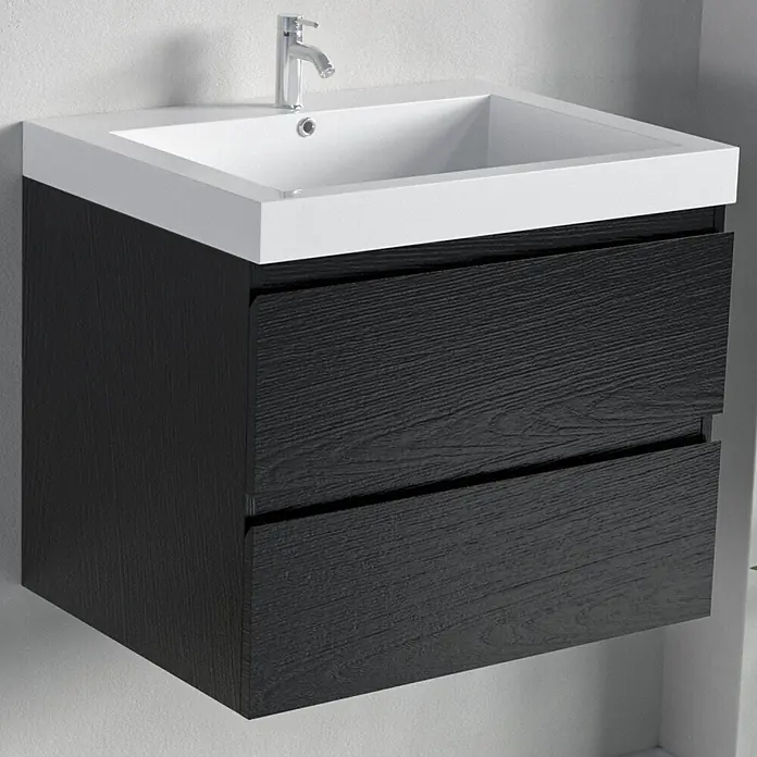 LOMAZOO Badmöbel-Set BMSET-60-ZE-WW - Gesamtbreite Badmöbel: 35 cm, Schwarzeiche - Wandhängender Badezimmer-Waschtisch mit weißem integriertem Waschbecken und schwarzem, strukturiertem Schrank mit zwei Schubladen.