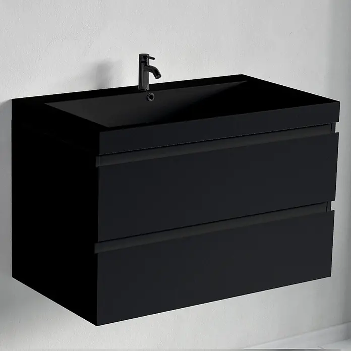 LOMAZOO Badmöbel-Set BMSET-80-MZ-WZ - Gesamtbreite Badmöbel: 35 cm, Mattschwarz - Schwarzer schwebender Badunterschrank mit zwei Schubladen, integriertem schwarzem Waschbecken und schwarzem Wasserhahn.