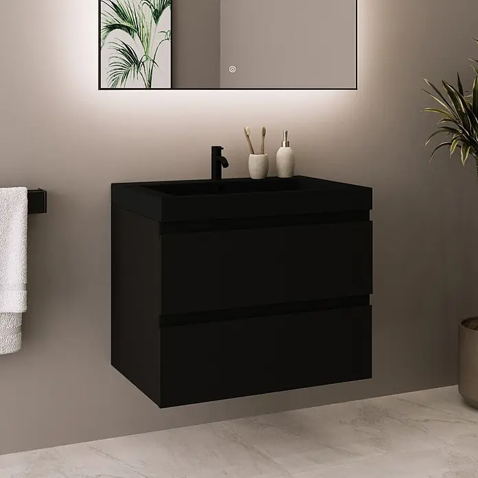 LOMAZOO Badmöbel-Set MON-ZE-WZ-60 - Gesamtbreite Badmöbel: 60 cm, Schwarzeiche - Schwarzer schwebender Badunterschrank mit integriertem Waschbecken, Armatur und zwei Schubladen.