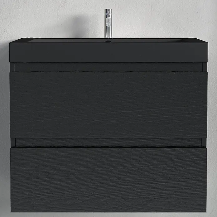 LOMAZOO Badmöbel-Set MON-ZE-WZ-60 - Gesamtbreite Badmöbel: 60 cm, Schwarzeiche - Dunkelgrauer wandhängender Badunterschrank mit Holzmaserung und Armatur.