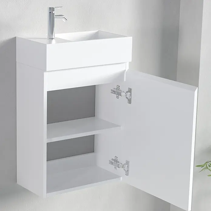 LOMAZOO Badmöbel-Set F01-GW-W - Gesamtbreite Badmöbel: 40 cm, Glänzend weiß - Weißer wandmontierter Badunterschrank mit integriertem Waschbecken und Chromarmatur, offene Tür zeigt zwei Regalböden.