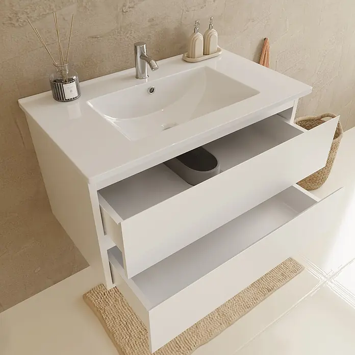 LOMAZOO Badmöbel-Set LM-MAR-GW-WW-80 - Gesamtbreite Badmöbel: 80 cm, Glänzend weiß - Weißer Badschrank mit integriertem Waschbecken und zwei offenen Schubladen.