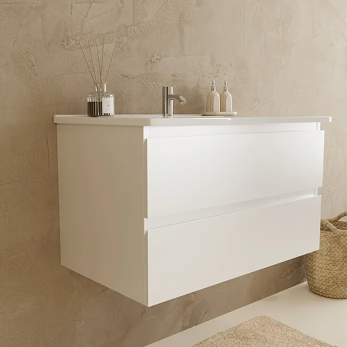 LOMAZOO Badmöbel-Set LM-MAR-GW-WW-80 - Gesamtbreite Badmöbel: 80 cm, Glänzend weiß - Weißer schwebender Badunterschrank mit zwei Schubladen und Wasserhahn, im modernen Badezimmer.