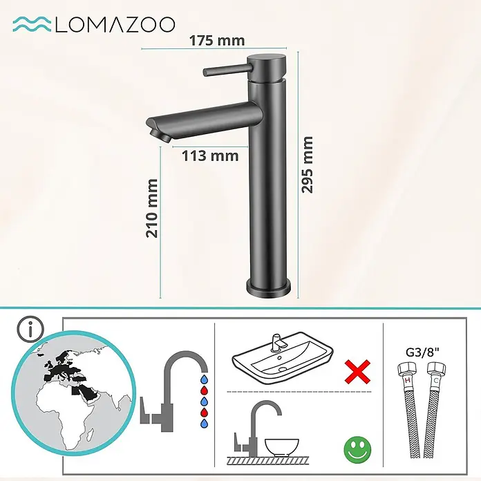 LOMAZOO Waschtischarmatur LMZ-TESS - Gunmetal - Mattschwarze Einhebelarmatur mit Maßen: Gesamthöhe 295mm, Auslaufhöhe 210mm, Auslaufreichweite 113mm.