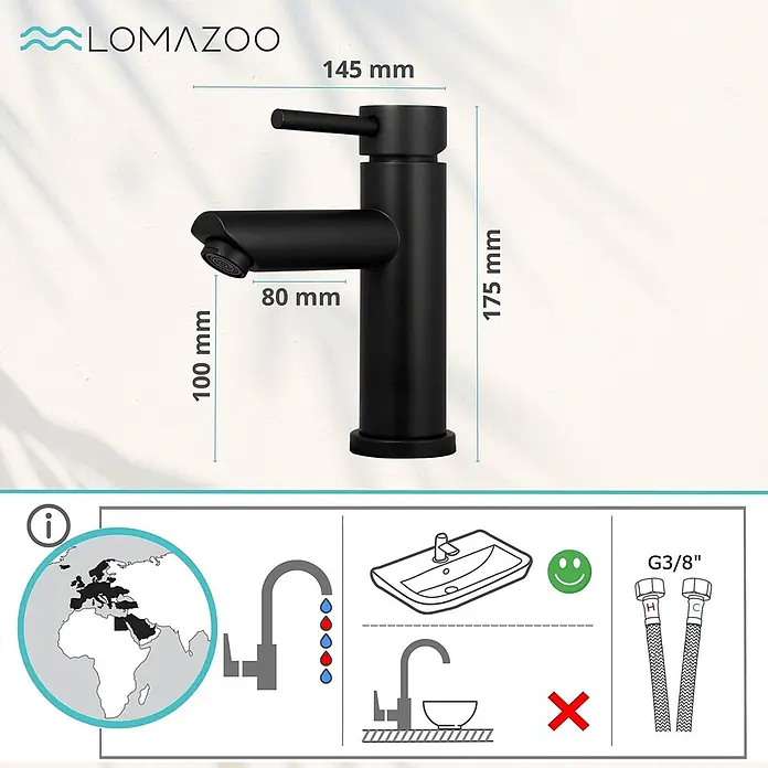 LOMAZOO Waschtischarmatur DG-4HO3-ZP9T - Schwarz - Schwarze Badarmatur (H 175mm, Auslauf H 100mm, Reichweite 80mm) mit G3/8" Anschluss, geeignet für Aufsatzwaschbecken.