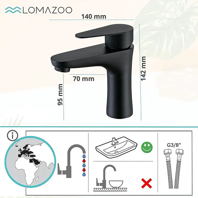 LOMAZOO Waschtischarmatur MARY - Schwarz - Schwarze matte Einhebel-Waschtischarmatur: 142mm Gesamthöhe, 95mm Auslaufhöhe, 70mm Ausladung, G3/8" Anschluss.