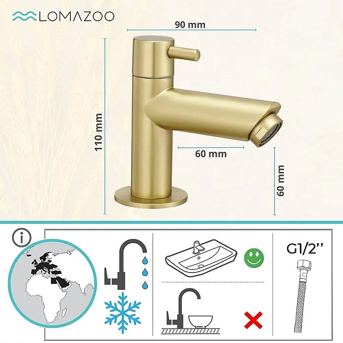 LOMAZOO Waschtischarmatur LMZ-TROPEA - Gold - Gebürstete goldene Einhebel-Badarmatur für Waschbecken, modernes Design.