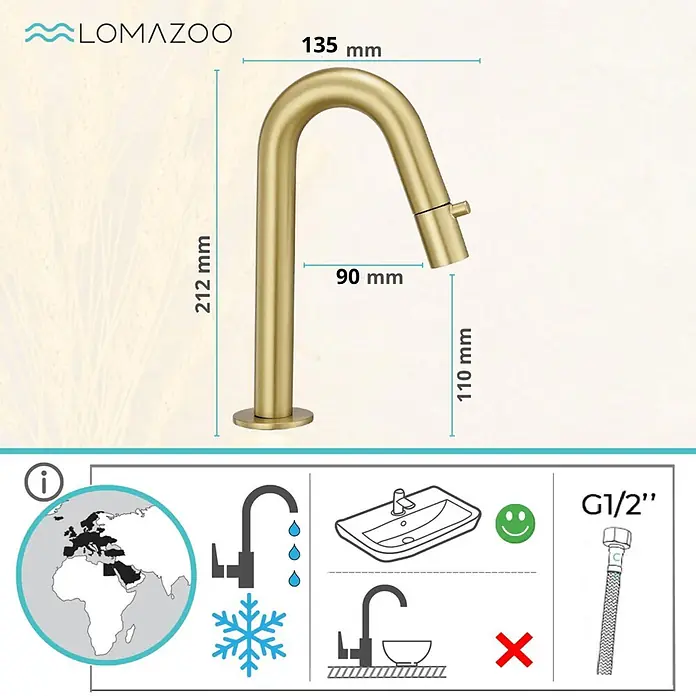 LOMAZOO Waschtischarmatur LMZ-ROMA - Gold - Gebürsteter goldener Hochbogen-Kaltwasserhahn. Inklusive Maße (212x135 mm) und G1/2" Anschlussdetails.