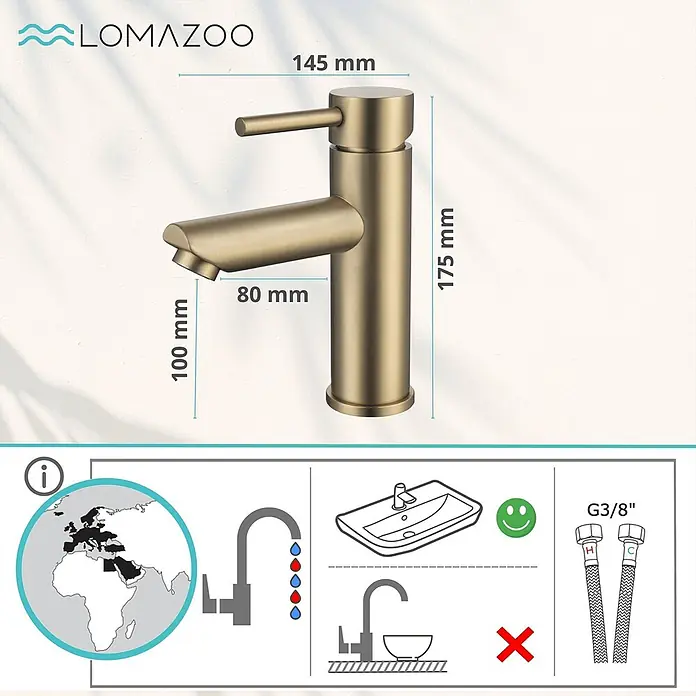 LOMAZOO Waschtischarmatur LMZ-YALE - Gold - Gebürsteter Gold-Einhebel-Waschtischarmatur, 175 mm hoch, mit 80 mm Ausladung.