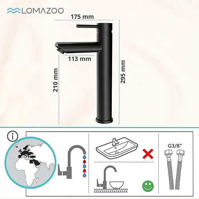 LOMAZOO Waschtischarmatur HX-9KWR-VHGE - Schwarz - Mattschwarze hohe Waschtischarmatur mit Maßen, geeignet für Aufsatzwaschbecken und G3/8"-Anschlüsse.