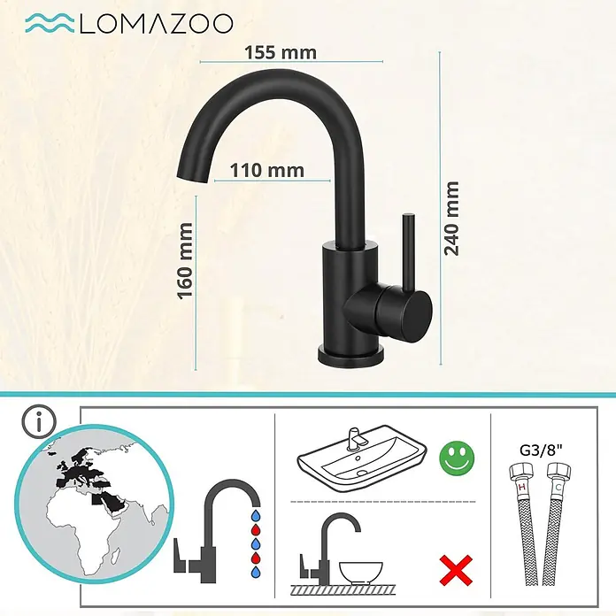 LOMAZOO Waschtischarmatur STYX - Schwarz - Mattschwarze Küchenarmatur mit gebogenem Auslauf und Einhebelmischer.