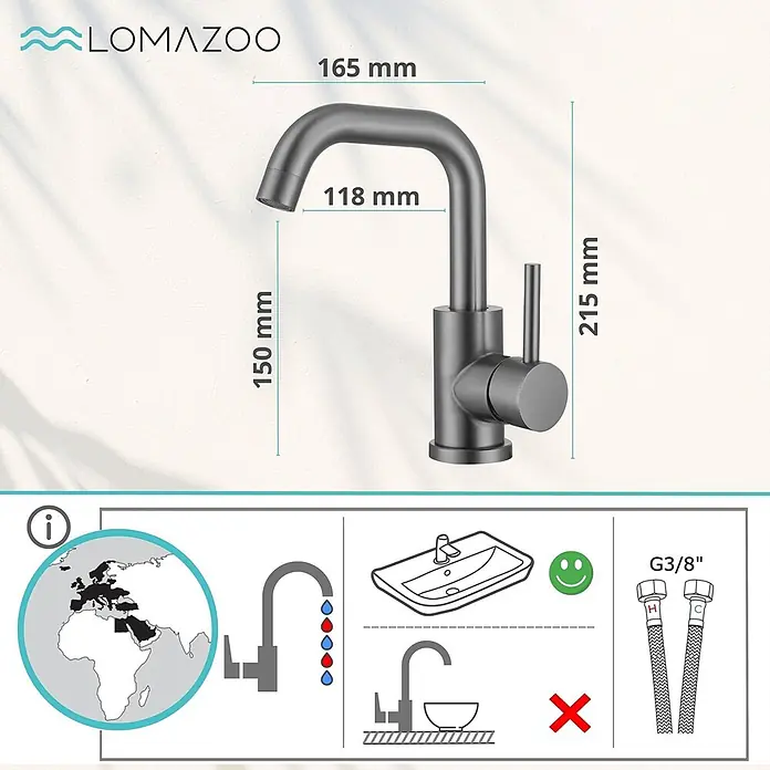 LOMAZOO Waschtischarmatur LMZ-SKY - Gunmetal - Dunkelgraue Einhebel-Küchenarmatur mit Maßen und G3/8"-Anschlussschläuchen.