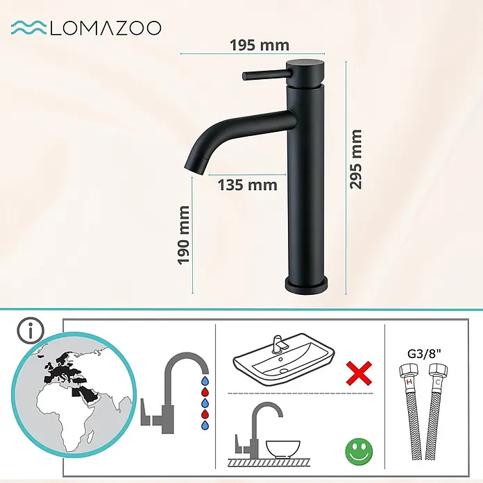 LOMAZOO Waschtischarmatur LMZ-CARDANO - Schwarz - Schwarzer Badarmatur mit Maßen (Höhe, Ausladung), G3/8" Anschluss. Geeignet für Waschbecken, nicht flache Spülbecken.