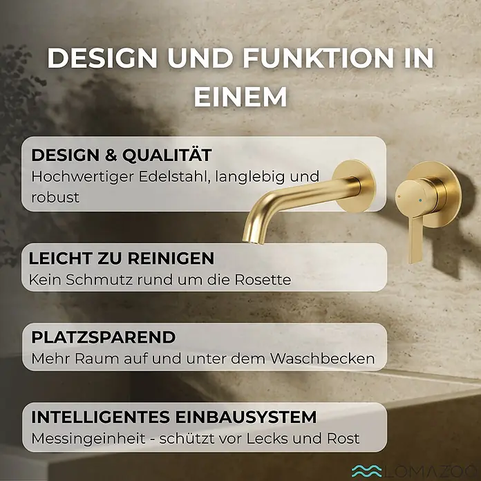 LOMAZOO Waschtischarmatur LMZ-VELAR - Gold - Moderne goldene Wandarmatur mit separatem Griff, auf einer Marmorwand.
