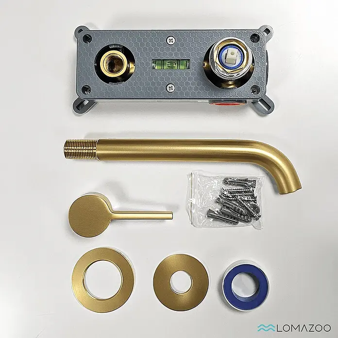 LOMAZOO Waschtischarmatur LMZ-VELAR - Gold - Gebürstetes Messing-Duscharmaturen-Set mit Unterputzventil, gebogenem Auslauf, Griff, Rosetten und Installationszubehör.