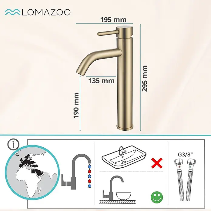 LOMAZOO Waschtischarmatur LMZ-MIDAS - Gold - Hohe Waschtischarmatur in mattem Gold (295mm Höhe) mit G3/8"-Anschlussschläuchen, passend für Aufsatzwaschbecken.