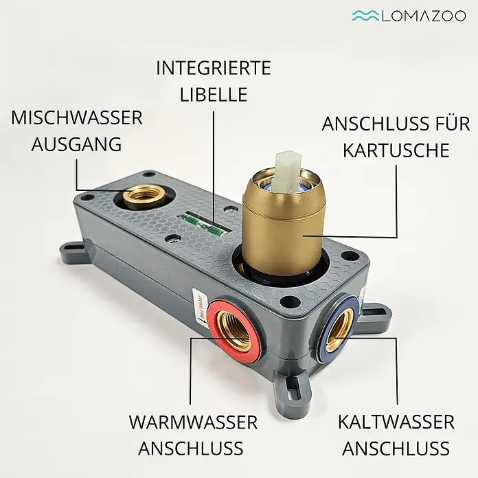 LOMAZOO Waschtischarmatur LMZ-VELAR - Gold - Grauer Unterputz-Duschmischerkörper mit Messingkartusche, Warm-/Kaltwasseranschlüssen, Mischwasserausgang und integrierter Libelle.