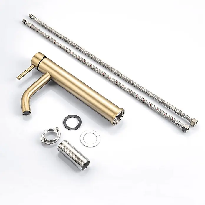 LOMAZOO Waschtischarmatur LMZ-MIDAS - Gold - Gebürstete goldene Einhebel-Waschtischarmatur mit Zuleitungsschläuchen und Montagezubehör.