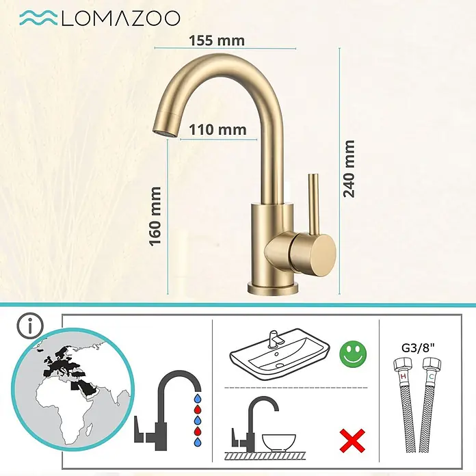 LOMAZOO Waschtischarmatur LMZ-LYSA - Gold - Gebürstete goldene Küchenarmatur mit Maßen, 240mm Gesamthöhe und G3/8" Anschlüssen.