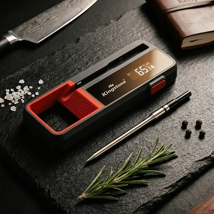 Kingstone Grill-Thermometer - 2 -tlg., Kabellos; Verbindung via Bluetooth - Kingstone schwarz-rotes Fleischthermometer mit silberner Sonde, zeigt 65,3°C an, auf dunkler Steinplatte mit Kochzutaten.
