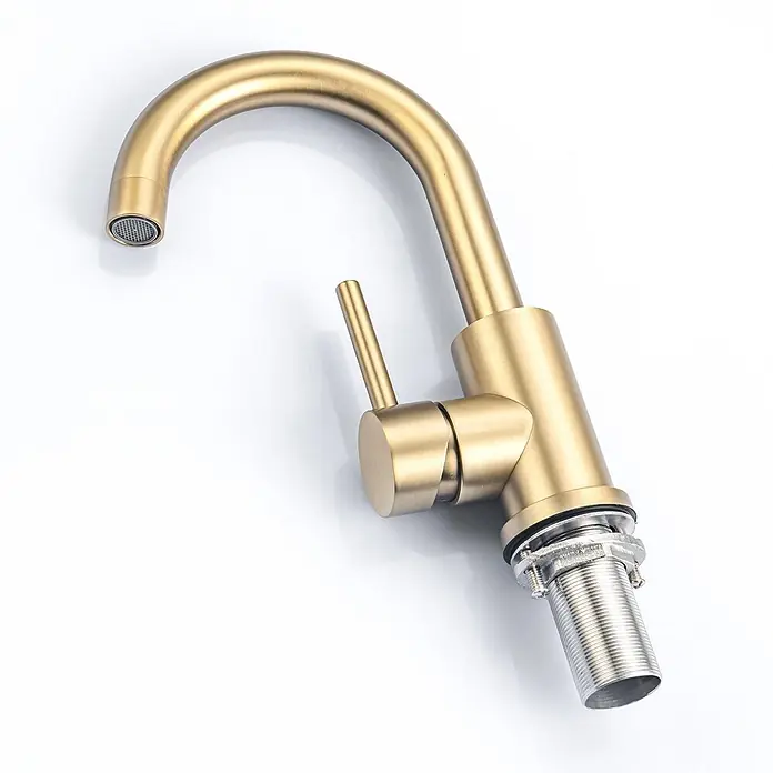 LOMAZOO Waschtischarmatur LMZ-LYSA - Gold - Gebürstete goldene Einhebelarmatur mit gebogenem Auslauf und sichtbarer Gewindebasis.