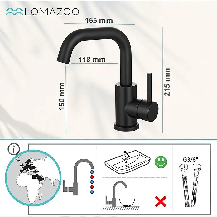 LOMAZOO Waschtischarmatur QR-C9UY-MN5T - Schwarz - Mattschwarzer Küchenarmatur mit den Maßen 215mm Höhe, 165mm Ausladung, 150mm Auslaufhöhe und G3/8 Zoll Anschluss.