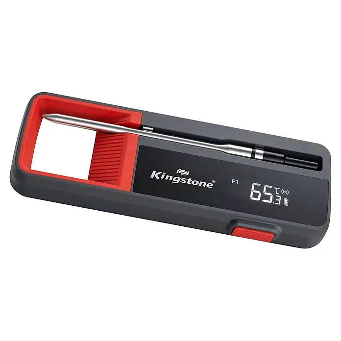Kingstone Grill-Thermometer - 2 -tlg., Kabellos; Verbindung via Bluetooth - Ein dunkelgraues und rotes digitales Fleischthermometer mit Metallsonde, das 65,3 °C anzeigt.