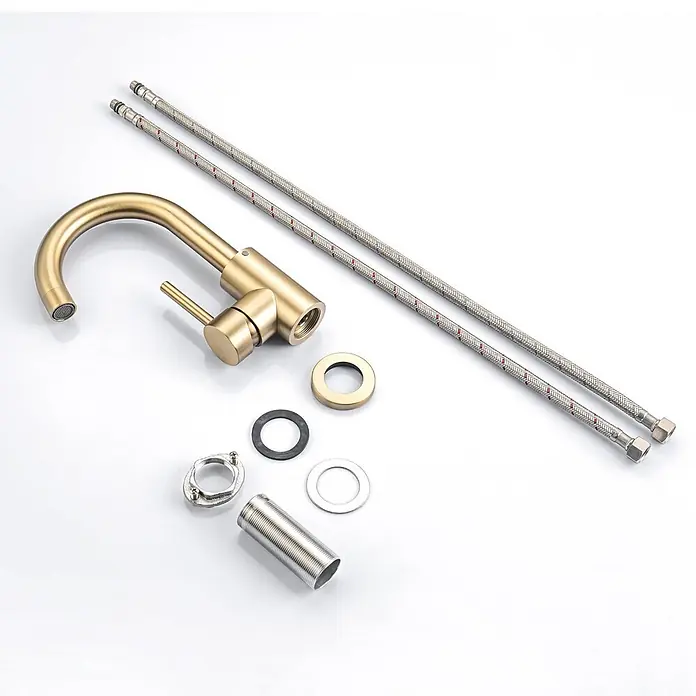 LOMAZOO Waschtischarmatur LMZ-LYSA - Gold - Zerlegte goldfarbene Einhebel-Küchen-/Badarmatur mit geflochtenen Anschlussschläuchen und Montagezubehör.