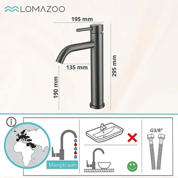 LOMAZOO Waschtischarmatur LMZ-JASMIN - Gunmetal - Schwarzer Einhebelmischer mit Maßen (H: 295mm, Auslauf: 135mm) und G3/8" Anschlussschläuchen.