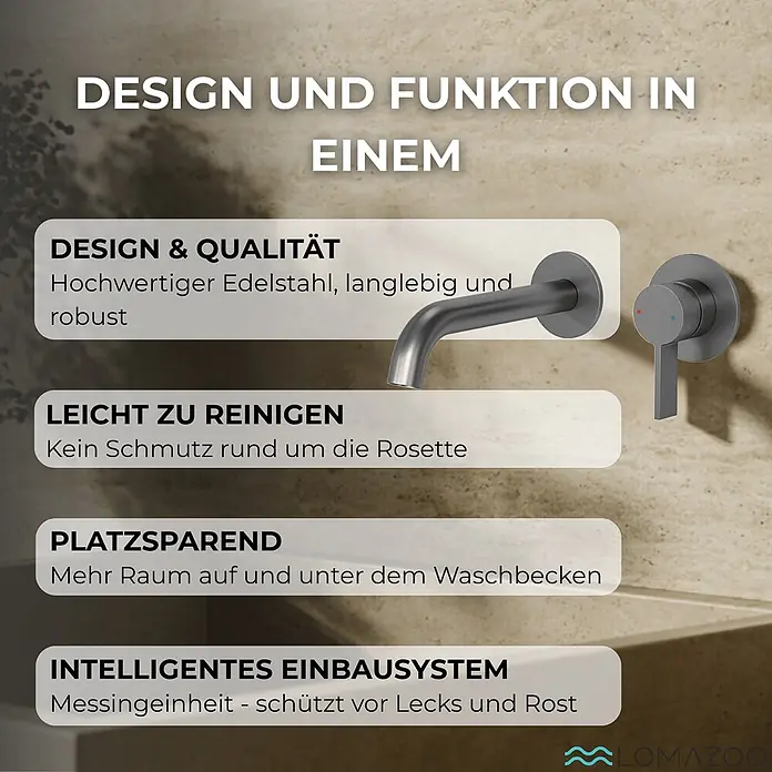 LOMAZOO Waschtischarmatur LMZ-GAIA - Gunmetal - Dunkelgrauer Wandwasserhahn aus hochwertigem Edelstahl mit elegantem Hebelgriff.