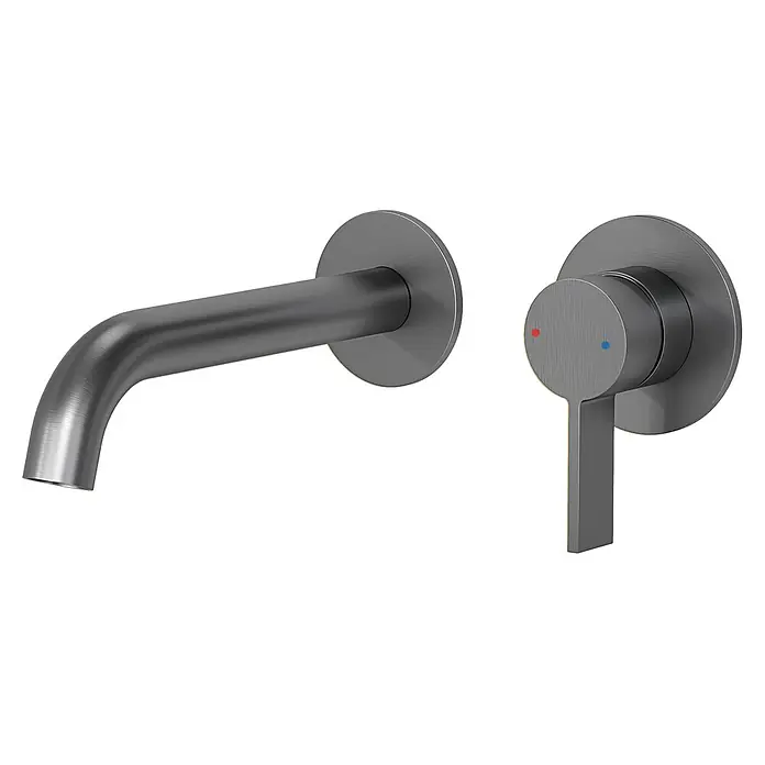 LOMAZOO Waschtischarmatur LMZ-GAIA - Gunmetal - Wandmontierte Armatur aus gebürstetem Dunkelgrau mit separatem Hebelgriff und roten und blauen Temperaturanzeigen.
