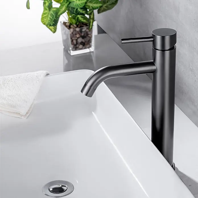 LOMAZOO Waschtischarmatur LMZ-JASMIN - Gunmetal - Hoher matt-schwarzer Wasserhahn für ein Waschbecken.