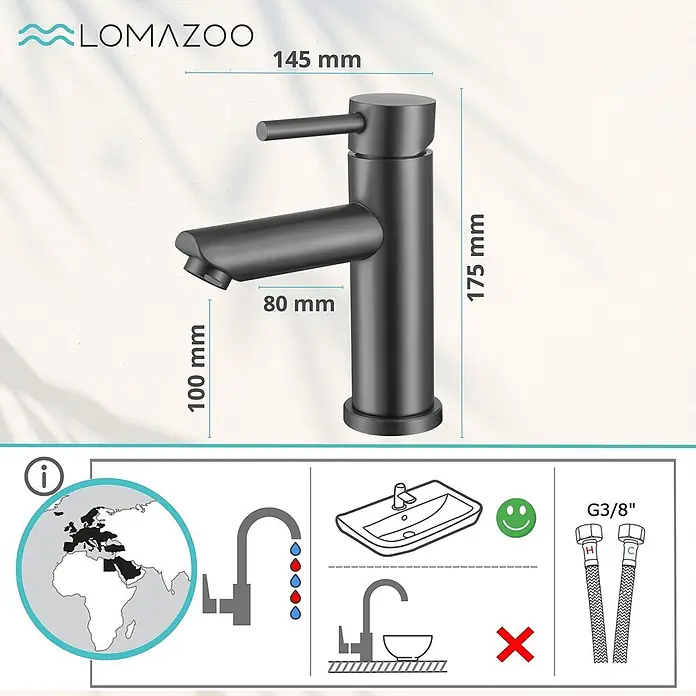 LOMAZOO Waschtischarmatur Evelyn Edelstahl Anthrazit -  - Schwarze Einhebel-Waschtischarmatur in modernem Design mit Maßen und G3/8" Anschluss.