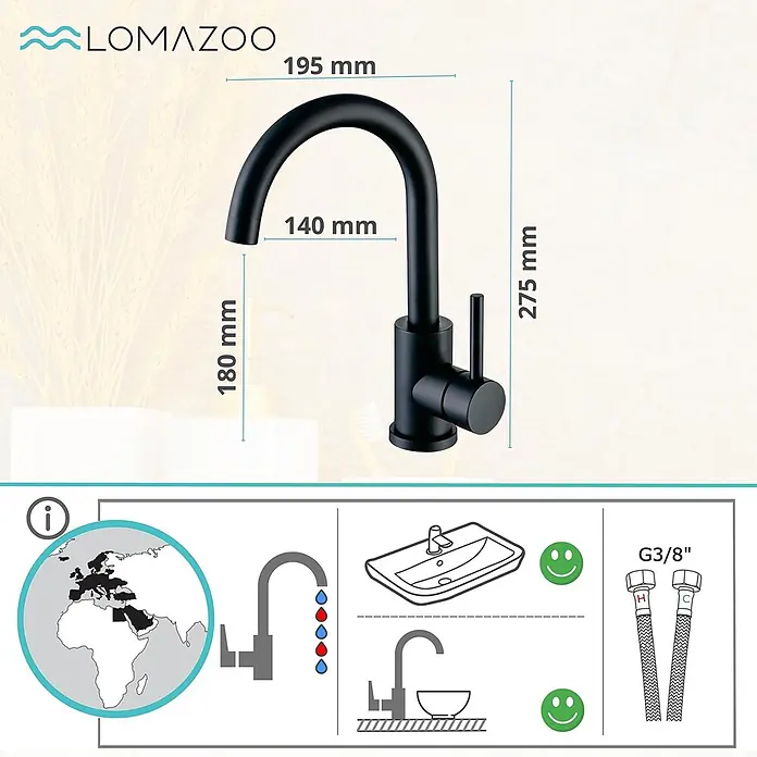 LOMAZOO Waschtischarmatur JUNO - Schwarz - Mattschwarze Einhebelmischbatterie mit gebogenem Auslauf und Maßen, inkl. G3/8" Anschlussschläuchen.
