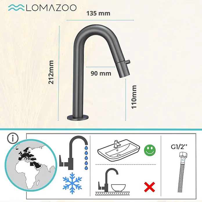LOMAZOO Waschtischarmatur LMZ-FONROGG -  - Dunkelgraue moderne Einhebel-Kaltwasserarmatur mit Maßen und G1/2"-Anschluss.